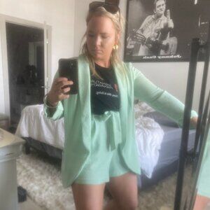 Mint Green Seersucker Matching Set with Blazer + Highwaisted Shorts